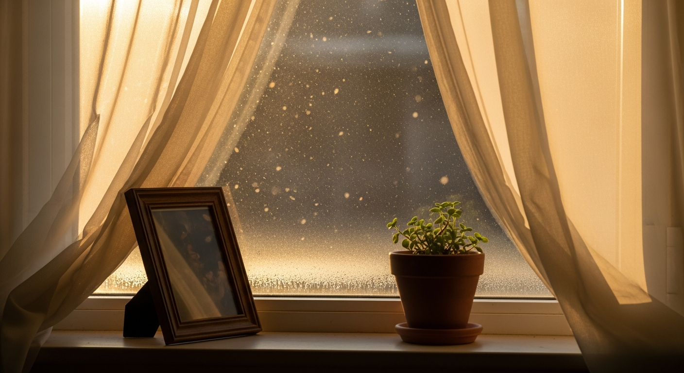 A sunlit window with sheer cream curtains, a small plant, and a framed photograph catching warm golden afternoon light