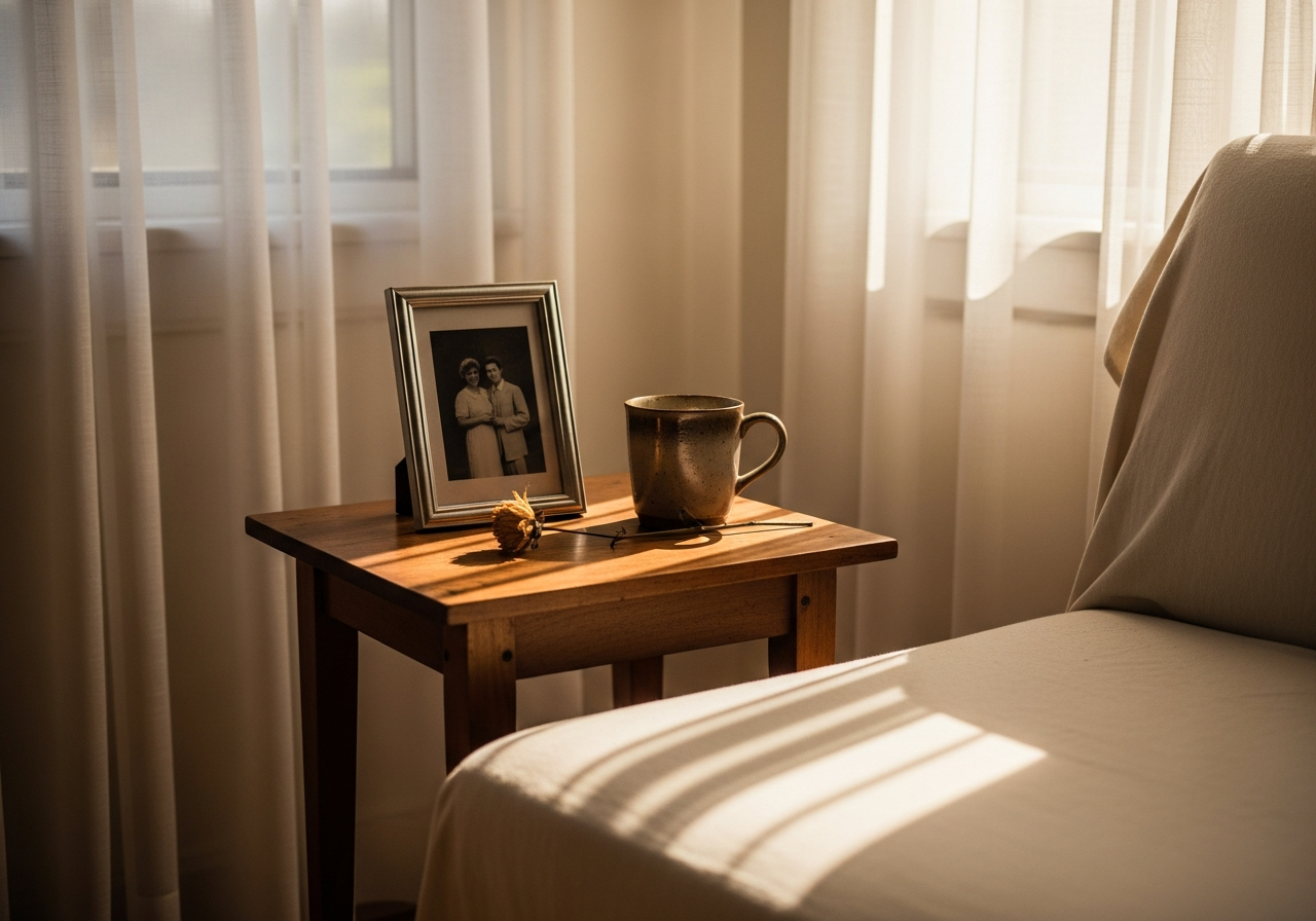 Warm afternoon light through a sheer curtain in a quiet living room, a framed photograph and coffee mug on a wooden side table