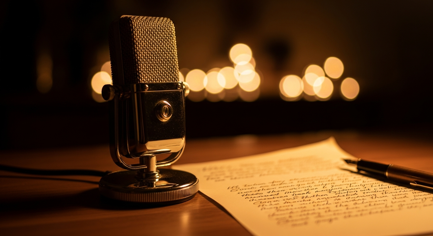 A vintage ribbon microphone in golden light beside a handwritten speech on cream paper