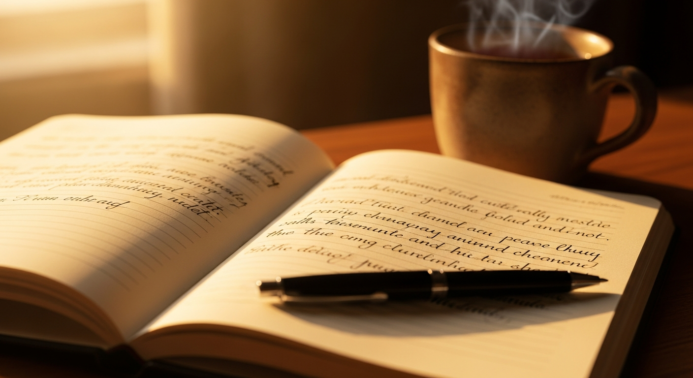 An open notebook with beautiful handwriting on cream paper, a pen, and warm tea in morning light