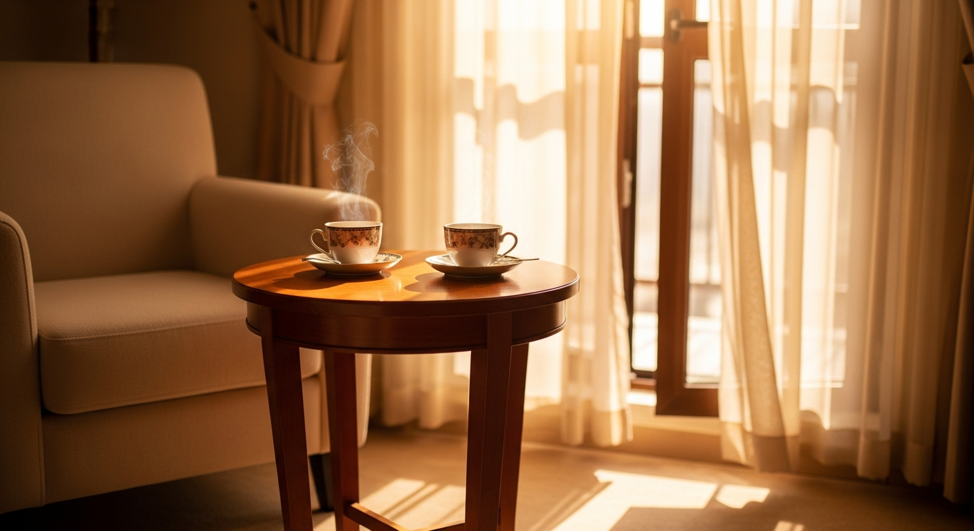A warm softly lit room with two cups of tea on a small table beside a comfortable armchair