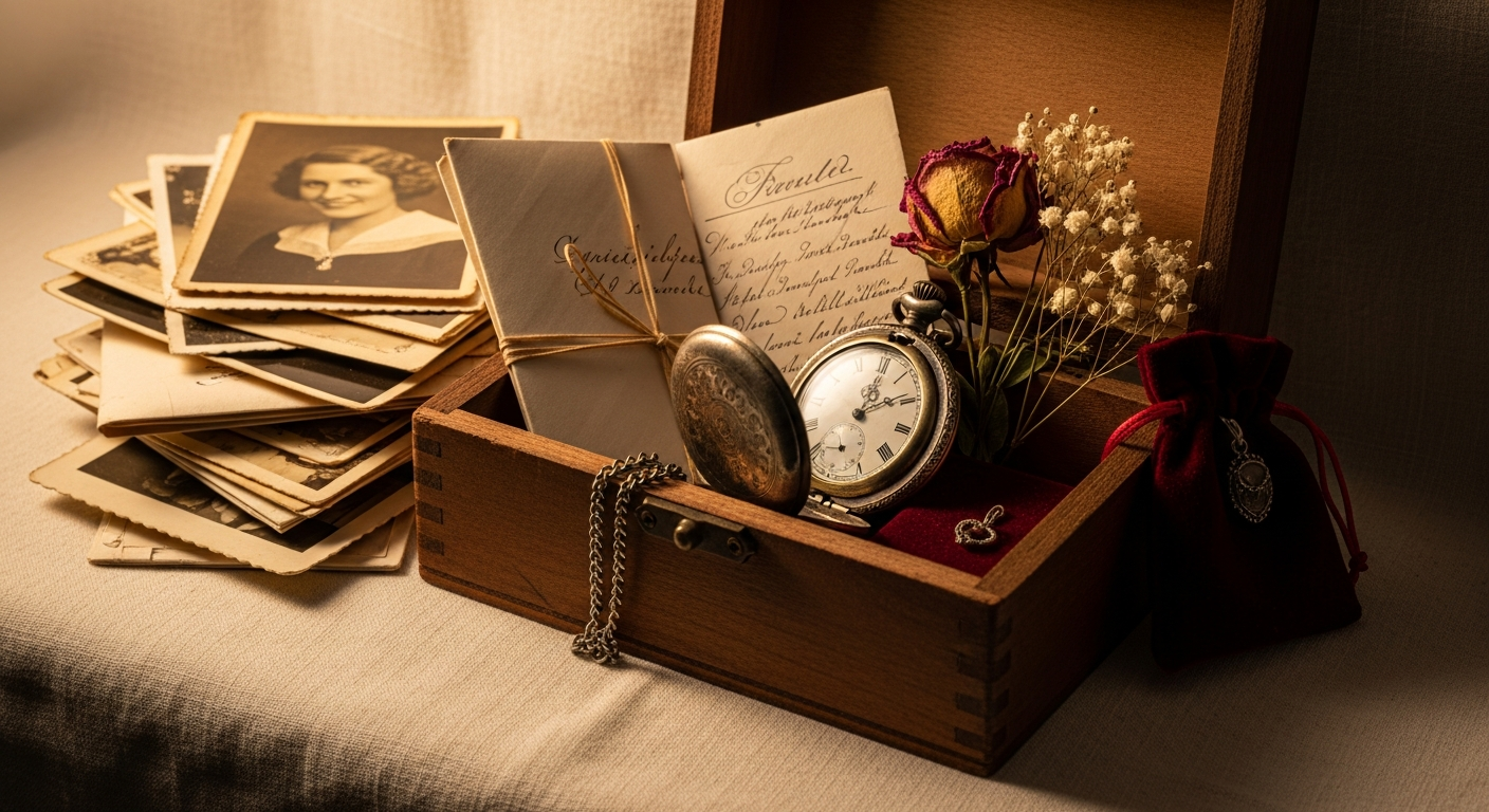 A vintage wooden box filled with treasured mementos, old photographs, folded letters, and dried pressed flowers