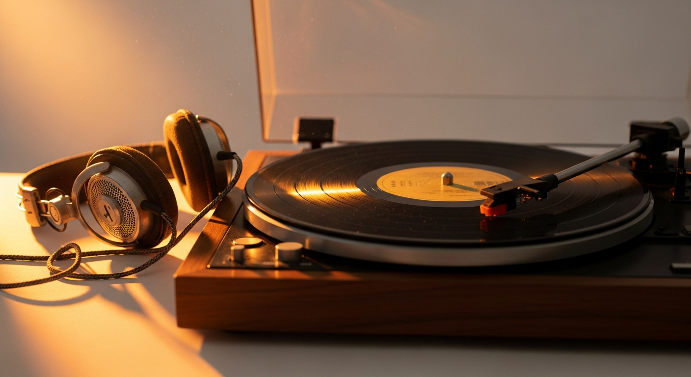 A vinyl record player spinning in warm amber light with vintage headphones draped beside it