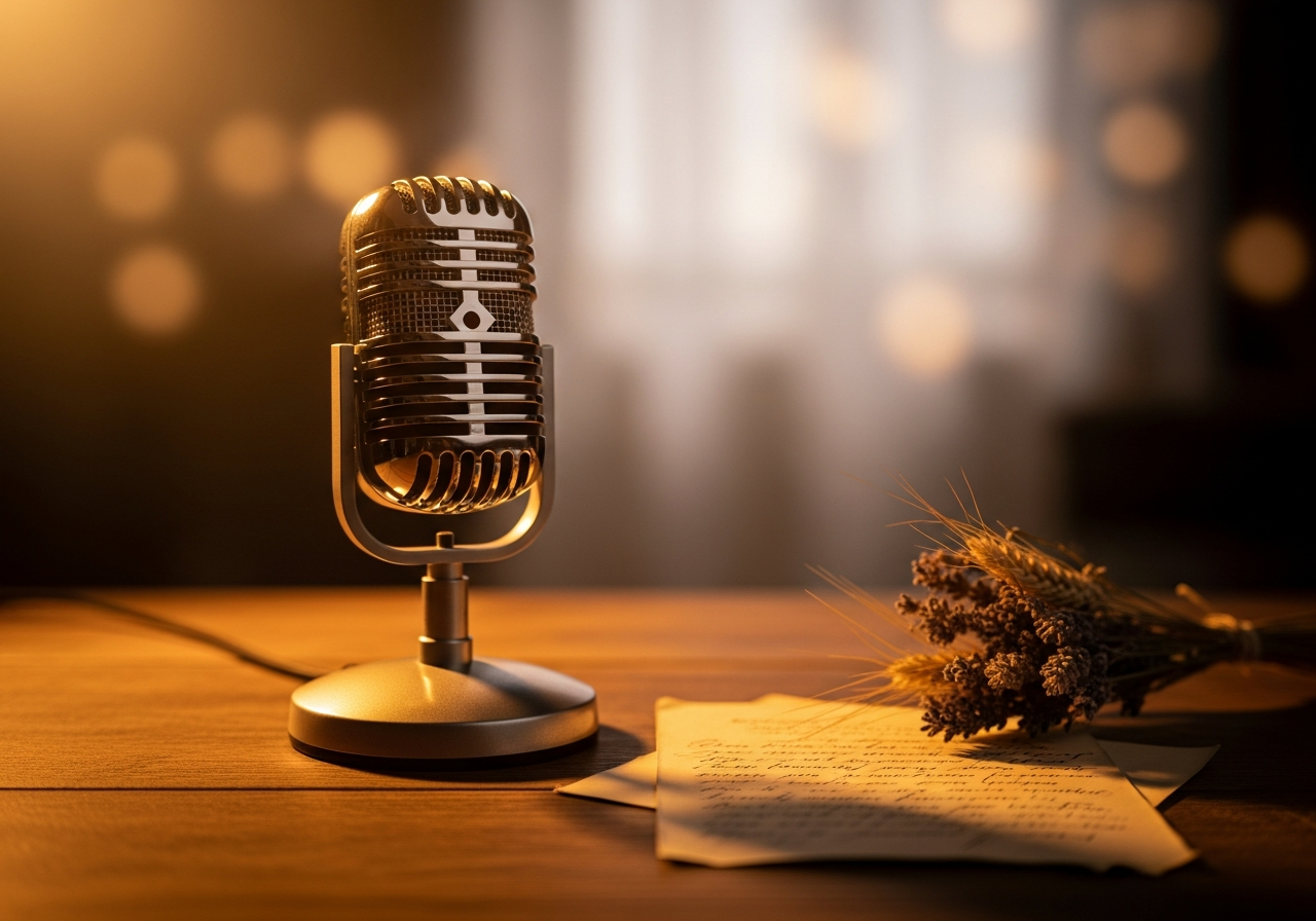 A vintage microphone on a wooden desk beside a handwritten letter and dried flowers