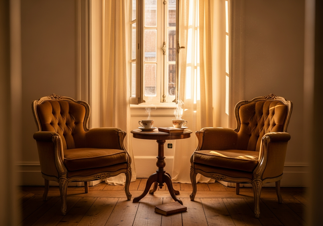 Two vintage armchairs facing each other by a window with warm golden light and two cups of tea