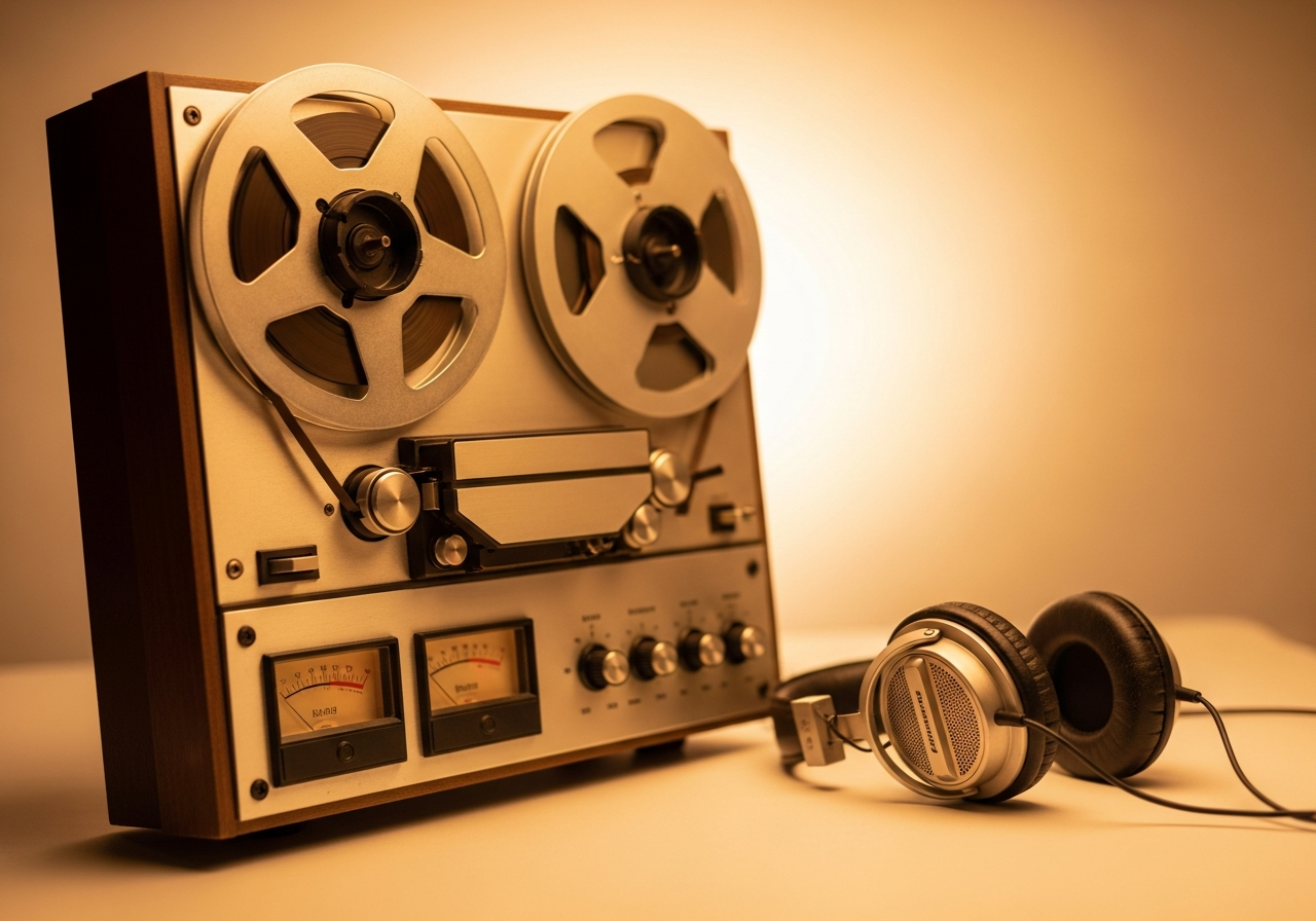 Vintage audio equipment bathed in warm amber light, headphones resting beside it