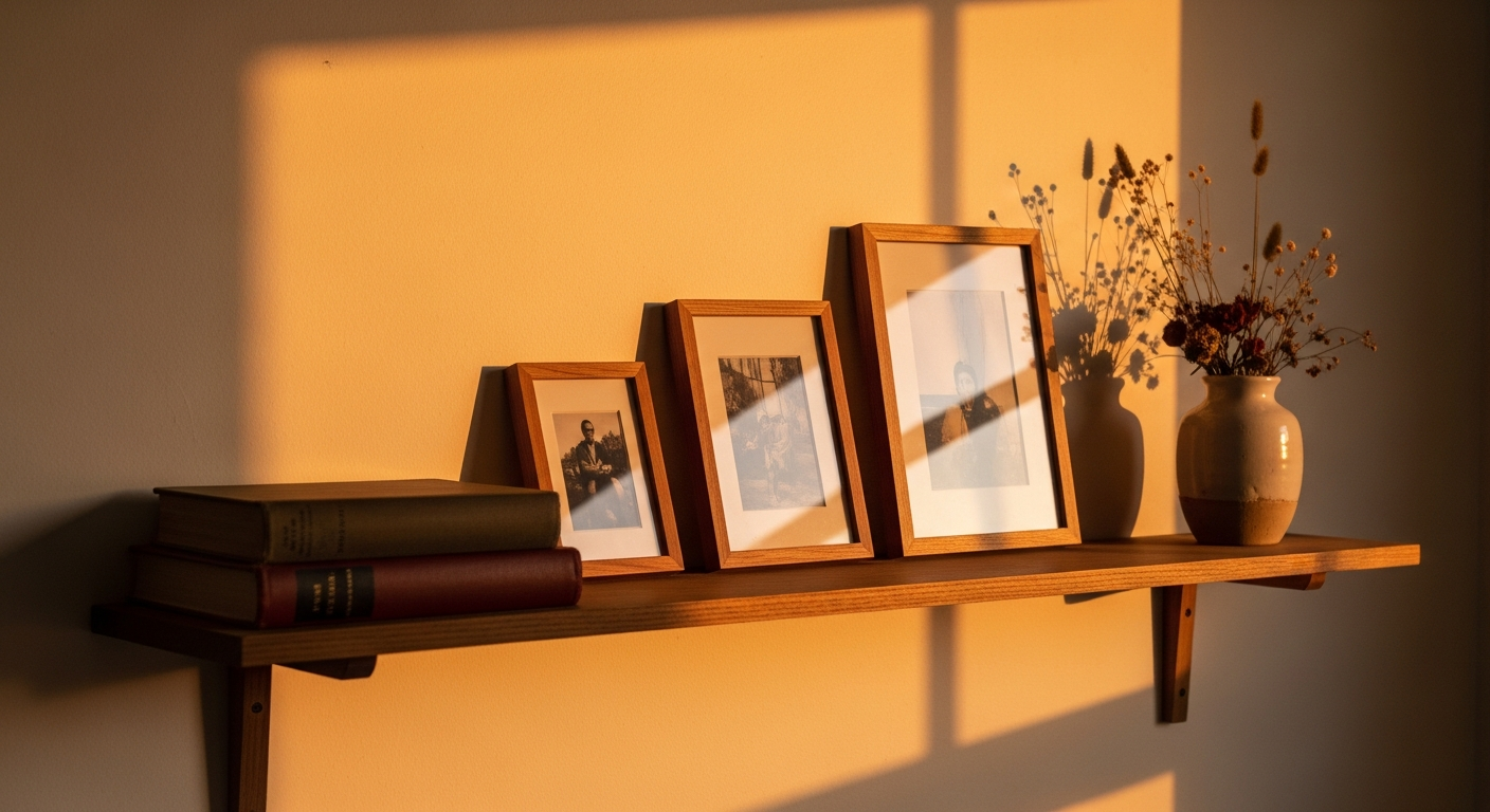 A wooden shelf with small framed photographs, old books, and dried flowers in warm golden light