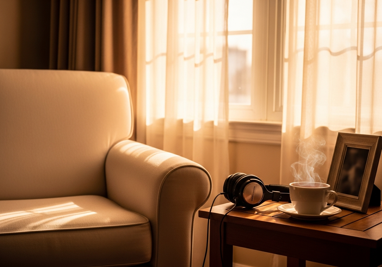 A cozy reading nook with headphones, a cup of tea, and a framed photo in warm golden light