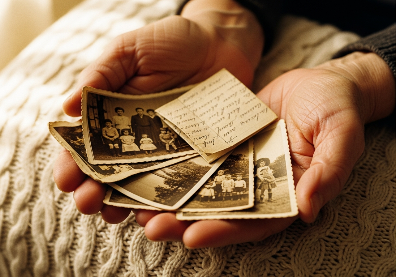 Hands gently holding old photographs and a handwritten note on a warm knitted blanket