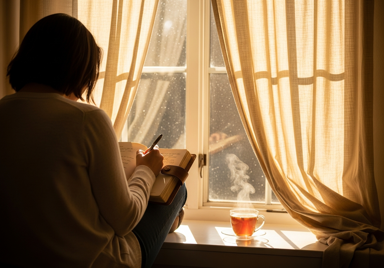 A person writing in a journal by a sunlit window, reflecting on memories