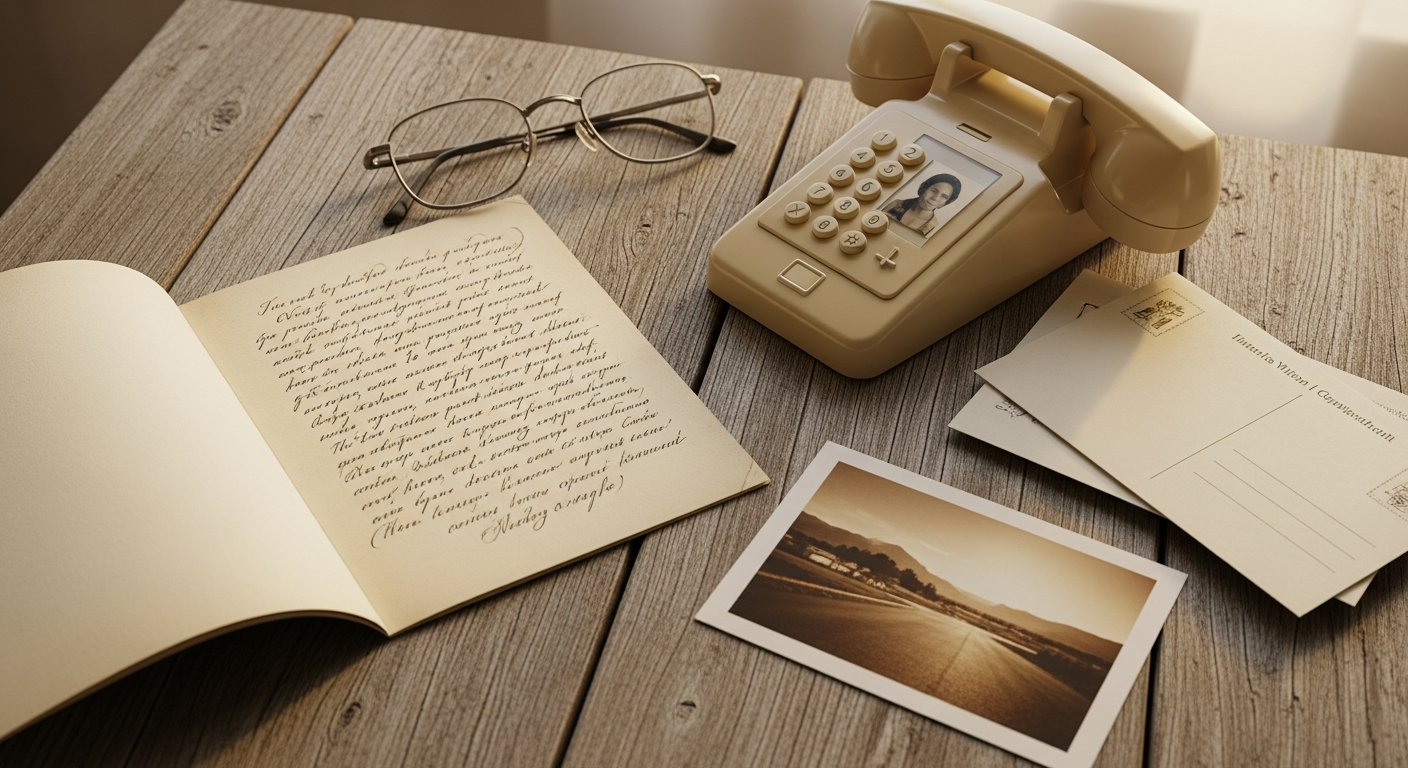 Cherished personal objects on a wooden table — an old letter, photographs, reading glasses, and handwritten notes in warm natural light